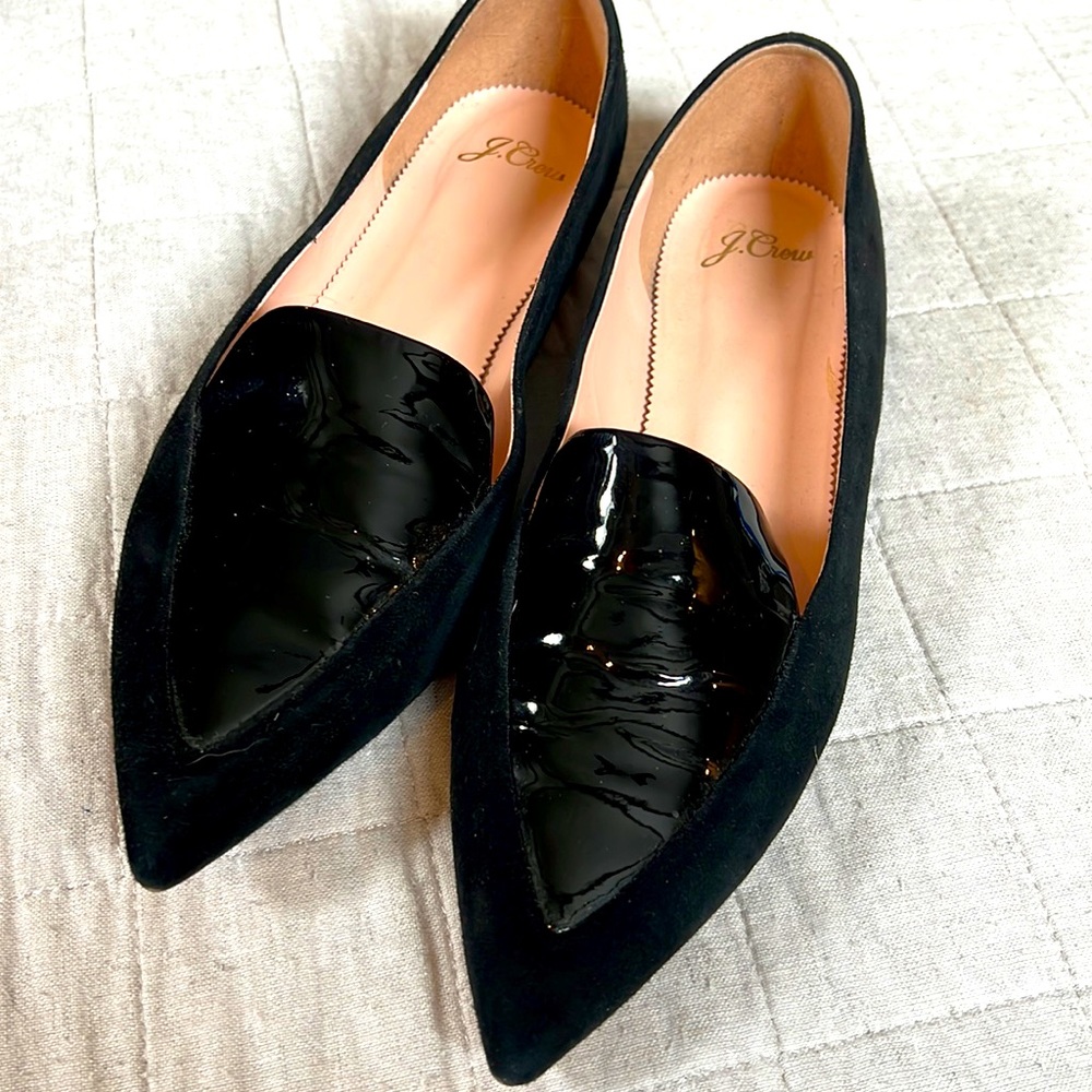 JCrew Black velvet and patterned leather flats